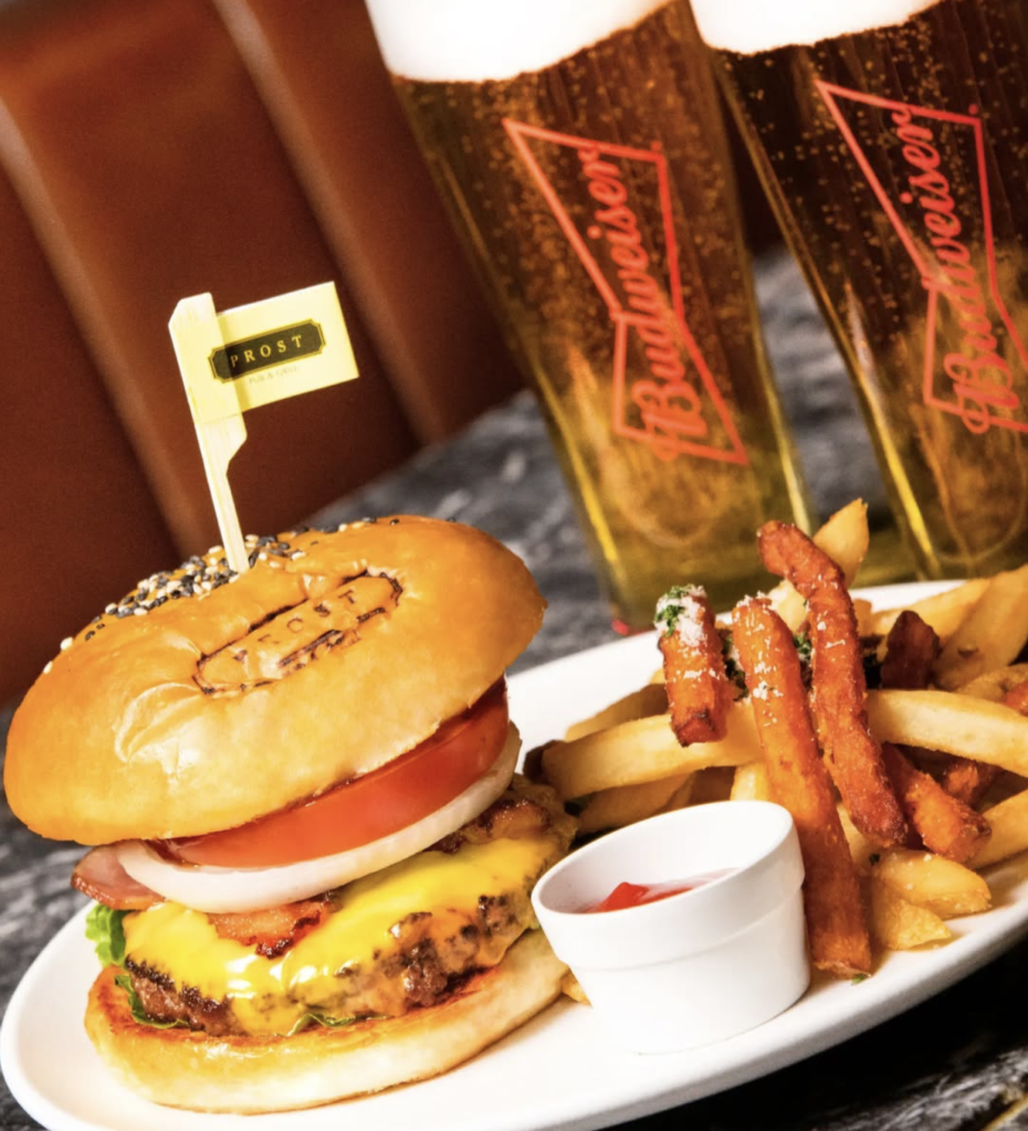 food and drink and Prost burger, fries and beer